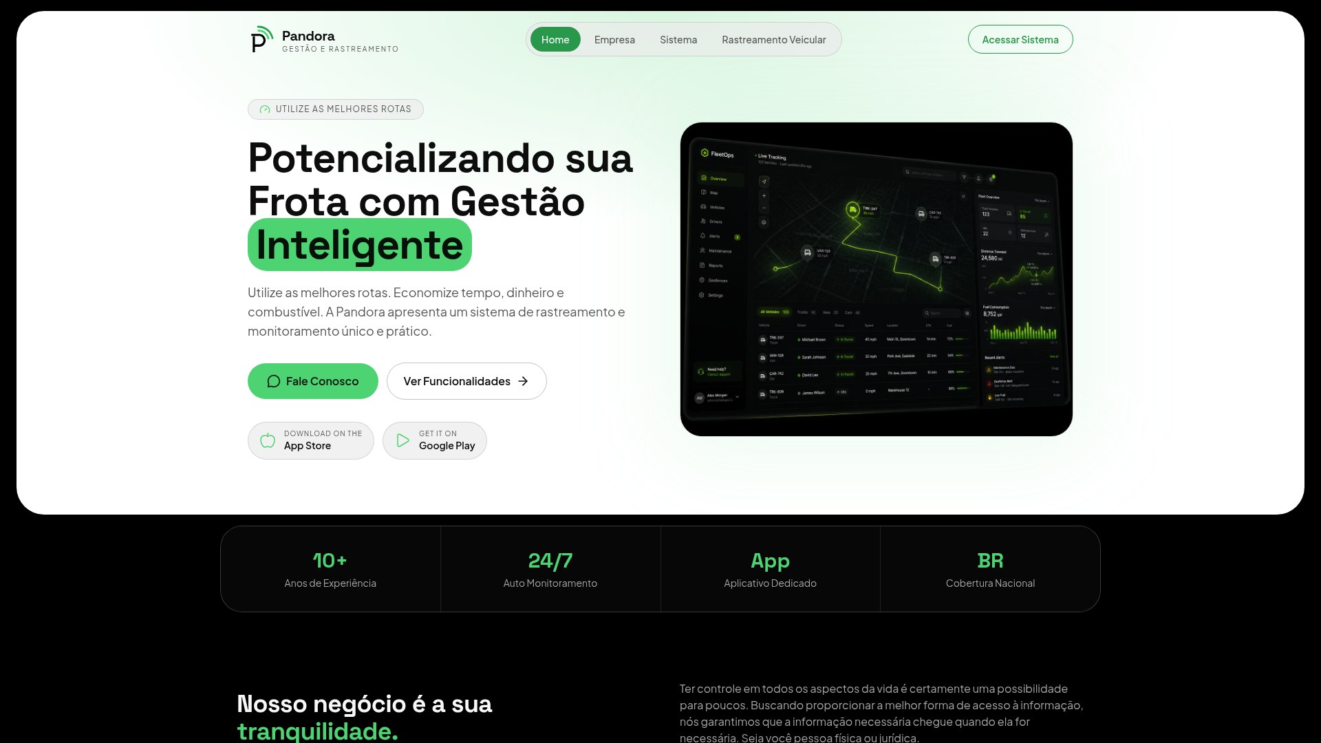 Página inicial do site da Pandora Gestão e Rastreamento